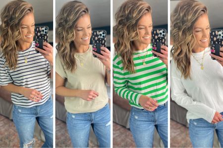 Target basic tees 
Left to right—>
Small, small, small, medium 
Jeans size down  

#LTKunder50 #LTKstyletip #LTKFind