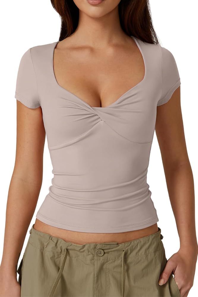 QINSEN Women's Sexy Twist Front V Neck T Shirts Double Lined Short Sleeve Slim Fit Crop Top Trend... | Amazon (US)