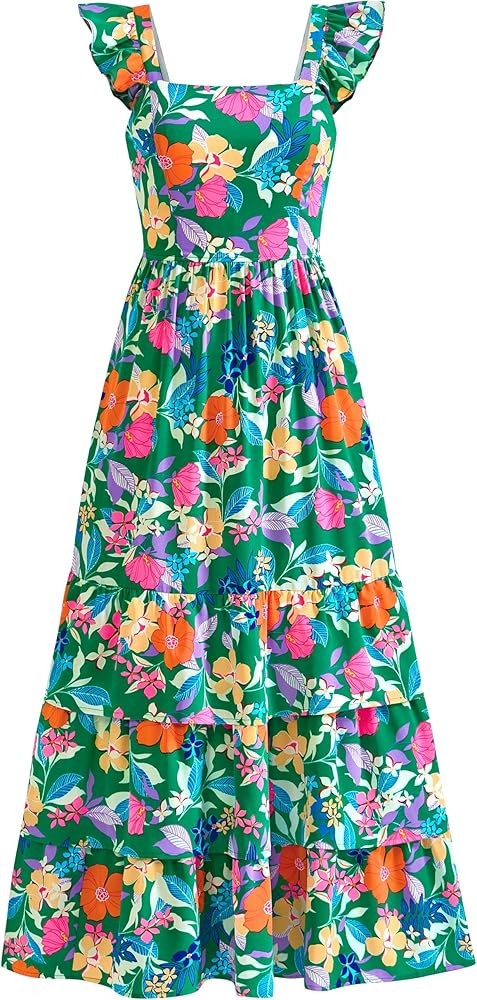 dowerme Summer Dresses for Women 2025 Casual Ruffle Smocked Tiered A-Line Boho Floral Maxi Beach ... | Amazon (US)