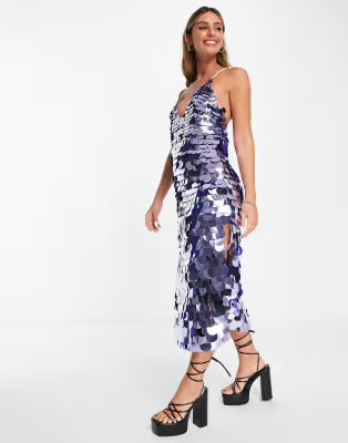 ASOS DESIGN disc sequin cami midi dress in blue | ASOS (Global)