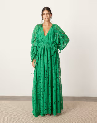 ASOS EDITION broderie extreme gathered waist maxi dress in green | ASOS (Global)