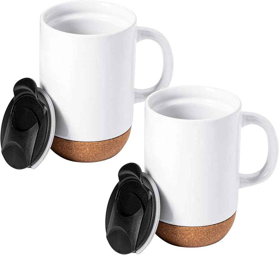 Gibson Home Modani 2 Pack Large 16.5 OZ Ceramic Mugs Set with Removable Cork Bottom and Lid - Whi... | Amazon (US)