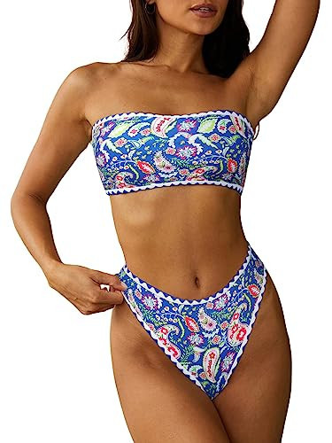 ZAFUL Women Strapless Textured Bandeau Bikini 2 Piece Swimwear Cheeky Solid Lace up Bathing Suits(8-Blue Pink,XL) | Amazon (US)