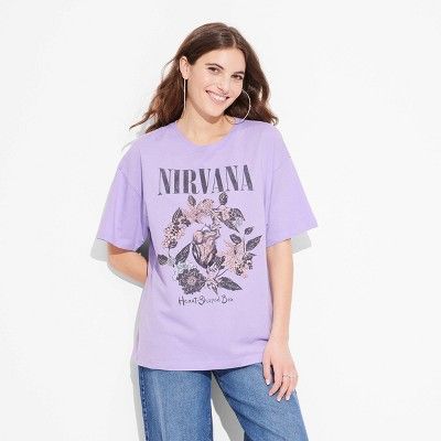 Women's Nirvana Heart Shaped Box Oversized Short Sleeve Graphic T-Shirt - Purple | Target