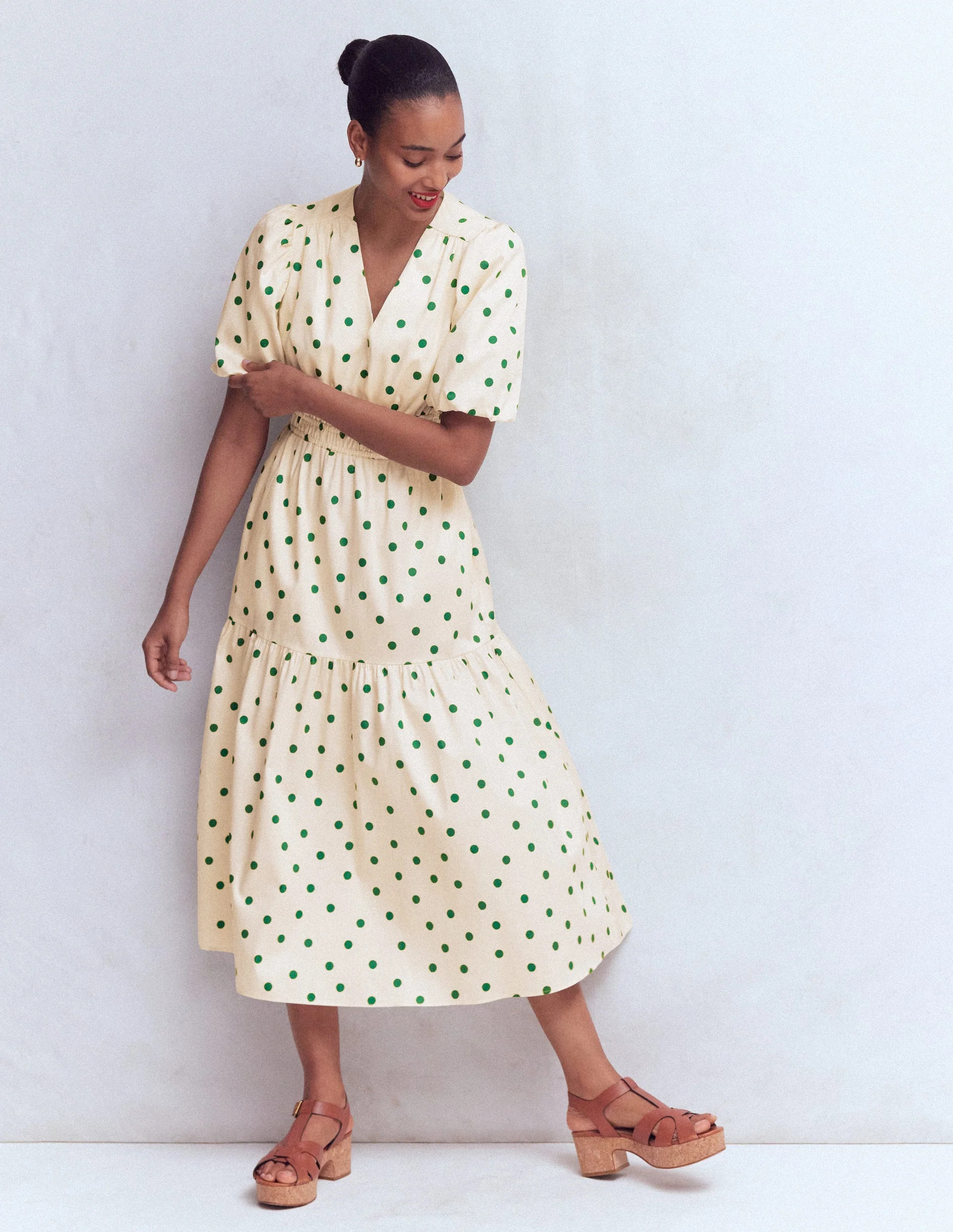 Irene Puff Sleeve Cotton Dress-Ivory Green Spot | Boden UK