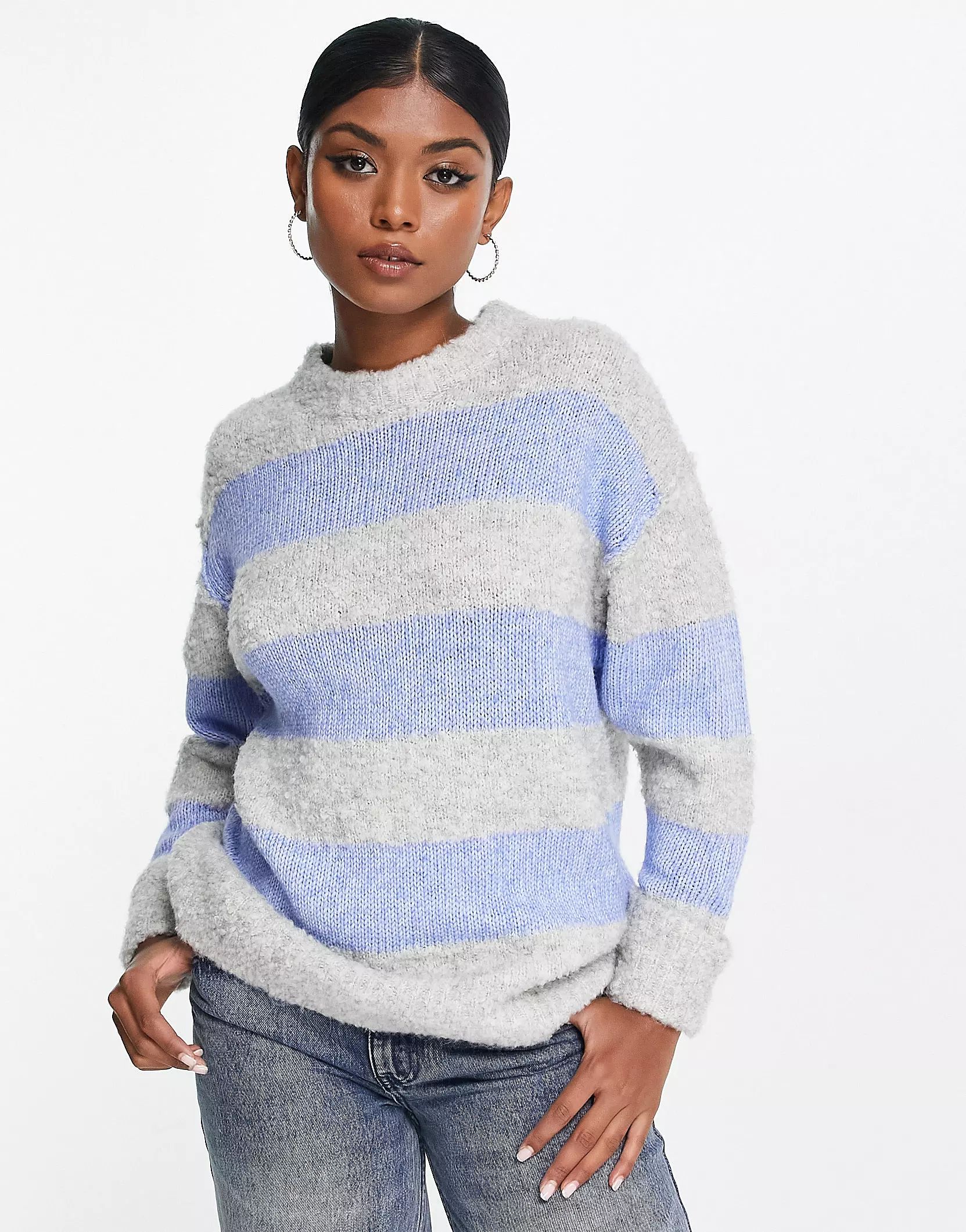 ASOS DESIGN sweater in mixed yarn stripe in blue and gray | ASOS (Global)