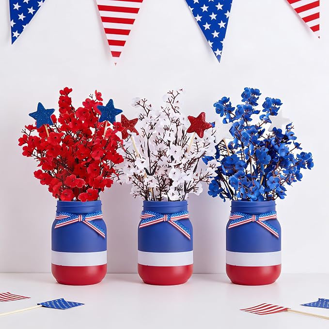 4th of July Table Decorations, Mason Jar Memorial Day Decor with Red White and Blue Artificial Ba... | Amazon (US)