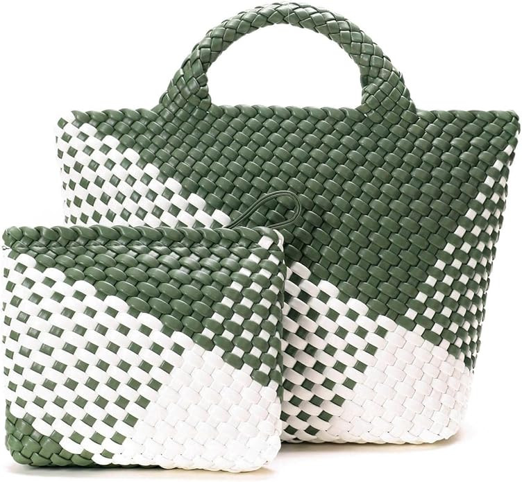 Woven Bag for Women, Vegan Leather Tote Bag, Large Summer Travel Totes Beach Travel Handbag and P... | Amazon (US)