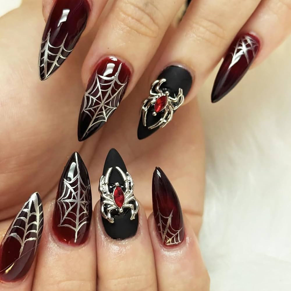 24pcs Halloween Press on Nails Medium Almond Spider Web Fake Nails Spider Nail Charms Stick on Na... | Amazon (US)