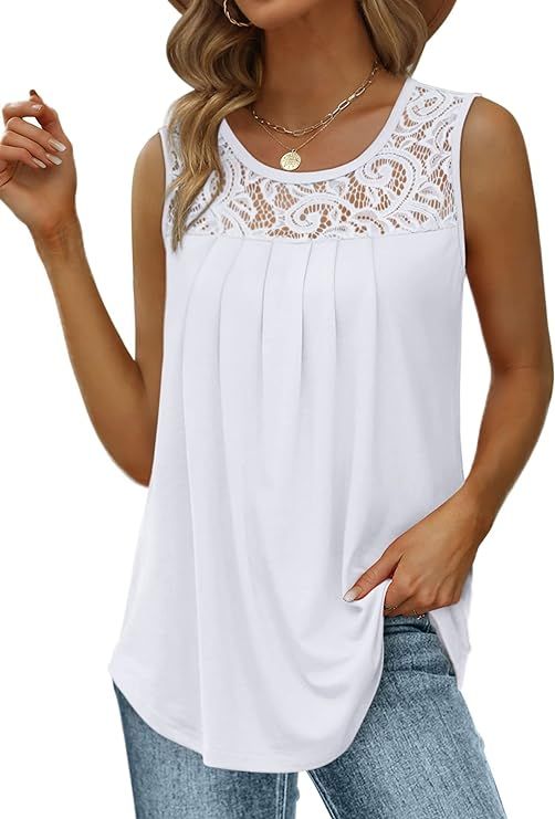 Saloogoe Summer Tank Tops for Women Loose Fit Pleated Tunics Scoop Neck Sleeveless Lace Tops Curv... | Amazon (US)