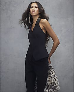 Black Halter Neck Tuxedo Top | River Island UK & IE