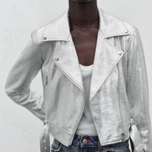 Beautiful Zara Women's Silver Metallic Biker Jacket size M Like New | Poshmark