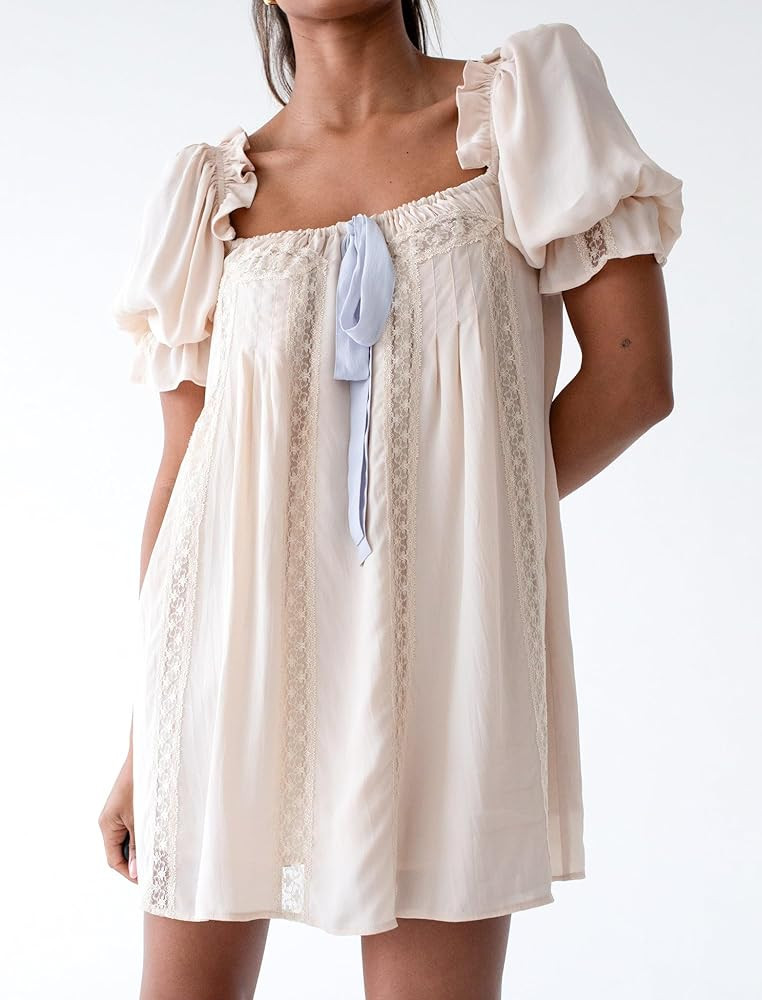 Women Cute Babydoll Dress Y2k Short Puff Sleeve Bow Tie Flowy Short Dress Square Neck Loose Mini ... | Amazon (US)