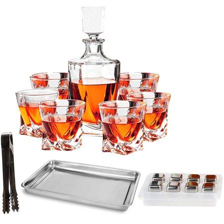 10-Piece Whiskey Decanter Set of Crystal Whiskey Glasses, Whiskey Stones, Stainless Steel Tray and T | Walmart (US)