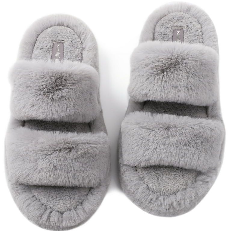 FamilyFairy Women's Fluffy Faux Fur Slippers Comfy Open Toe Two Band Slides with Fleece Lining an... | Walmart (US)