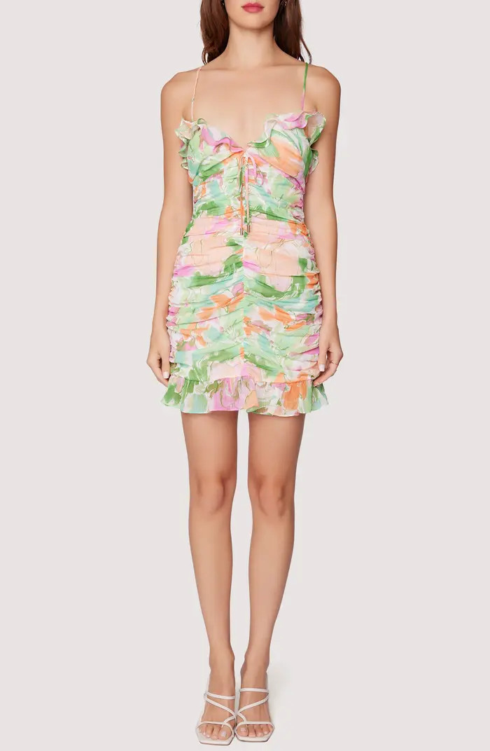 Lost + Wander Painterly Love Ruched Ruffle Mini Sundress | Nordstrom | Nordstrom