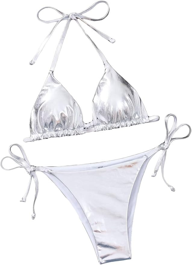 Women's Metallic Shiny Bathing Suit High Waisted Triangle Tie Side Swimsuit Bikini Set | Amazon (US)