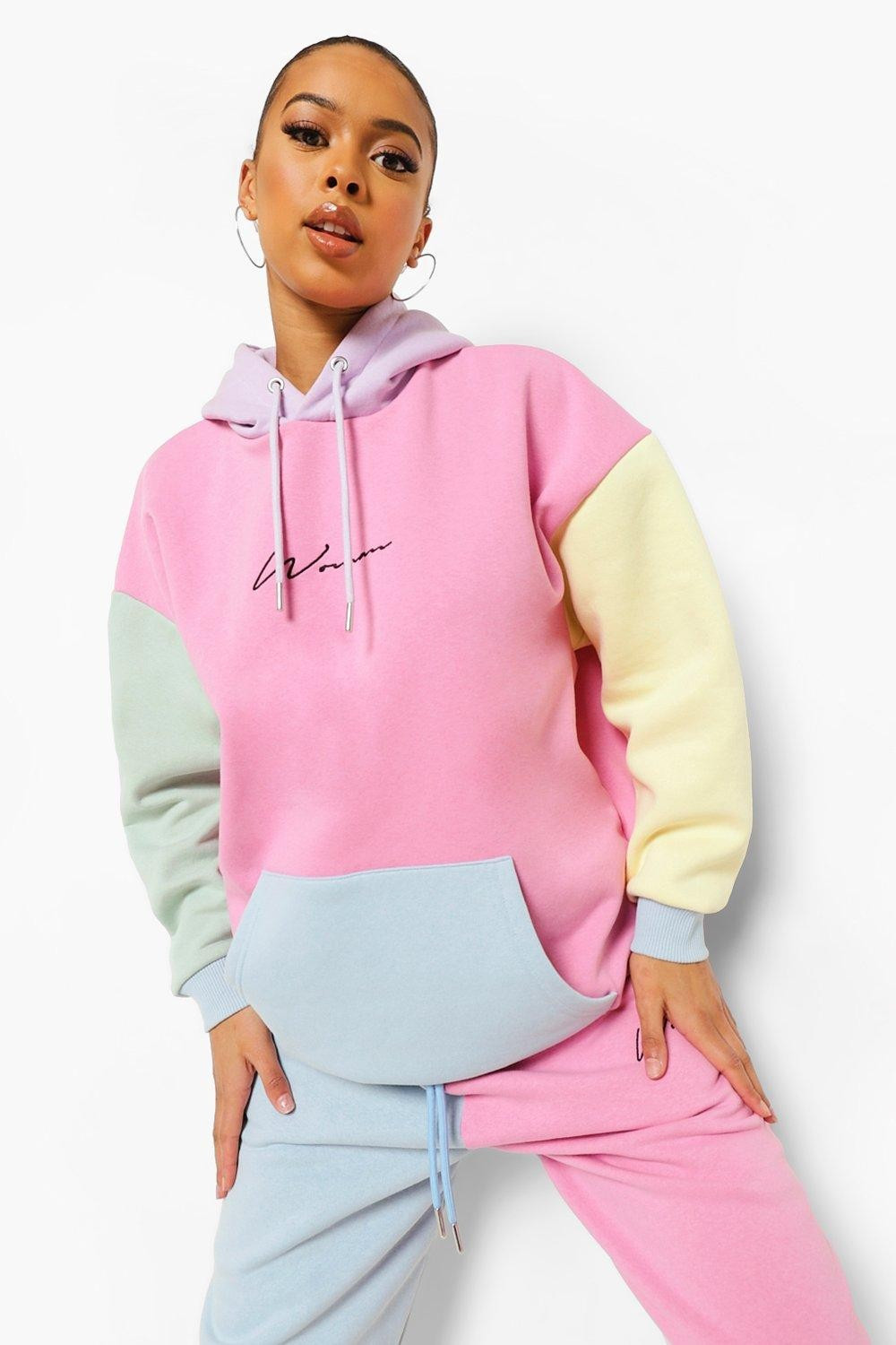 Woman Embroidered Pastel Colour Block Hoodie | Boohoo.com (UK & IE)