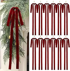 Janinka 12 Pcs Burgundy Long Velvet Bow Ornaments Christmas Swag 23.5x15.5 Inch Vintage Large Vel... | Amazon (US)