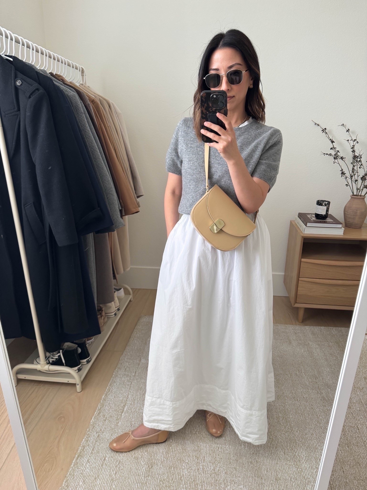 Classic  Spring outfit ideas. 

Quince cashmere tee medium
Quince skirt xs (runs super big)
Loeffler Randall flats 5. Runs narrow. 
Sezane bag
Le Specs sunglasses
Everlane tee medium

Petite style, spring outfits, spring style

#LTKootd #LTKSeasonal #LTKPetite