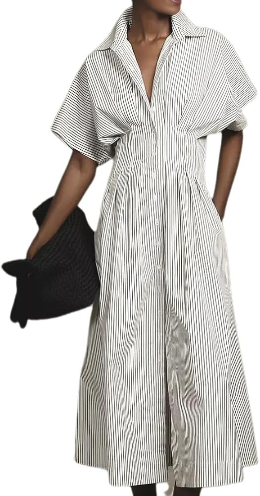 Melliflo Women's Striped Shirt Dress Collar Button Down Pleated Maxi Dress Wrap Casual Beach Swim... | Amazon (US)