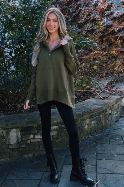 French Terry Hoodie Top, Olive | North & Main Clothing Company