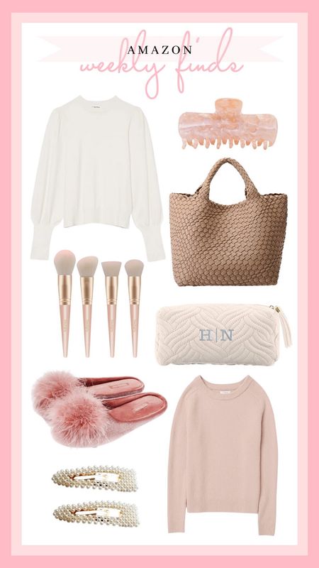 Amazon weekly finds: beautiful sweaters at a good price point, the cutest slippers, hair accessories I am loving, great quality makeup brushes, an adorable personalized quilted makeup bag, and a great dupe for my favorite large tote from Tuckernuck! 

#LTKstyletip #LTKSeasonal #LTKunder100