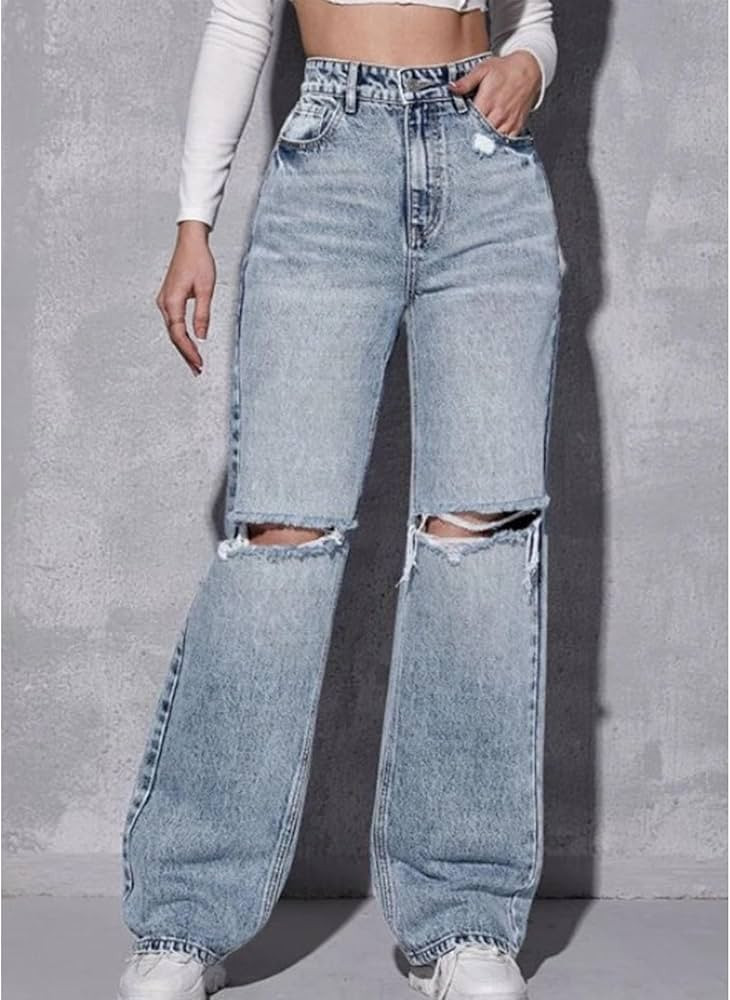 Womens Wide Leg Jeans High Waisted Straight Leg Stretchy Jeans Casual Loose Light Blue Jeans(Medi... | Amazon (US)