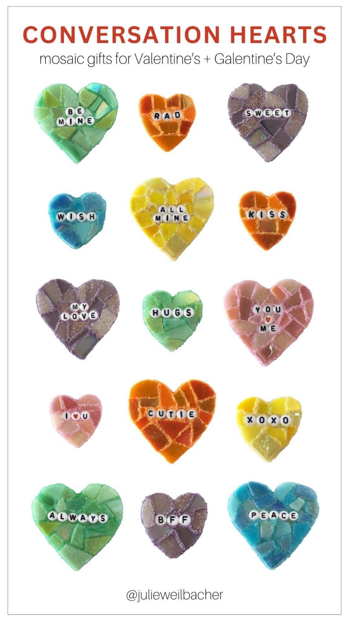 Sharing some conversation heart mosaic gifts for your Valentine or Galentine. ❤️ These mosaic conversation hearts come in 2 sizes, 6 colors, and 16 sayings. They’re covered in different types of glass and grouted with my signature mircobeads grout. ❤️ For more mosaic tips, tutorials, inspiration and so much more please visit my YouTube channel: YouTube.com/julieweilbacher. Follow @julieweilbacher on Instagram for all things mosaic art. mosaic - heart art - Valentine’s Day gift ideas - Galentine’s Day gift ideas - mosaic art - mosaics - gifts for your gal pals - mosaic making

#LTKGiftGuide #LTKSeasonal #LTKhome