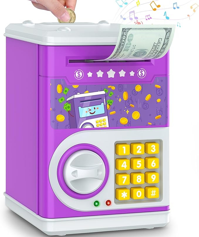 Purple Piggy Bank for Kids with Password Code Lock and Auto Grab Bill Slot, PhilaeEC Real Money C... | Amazon (US)