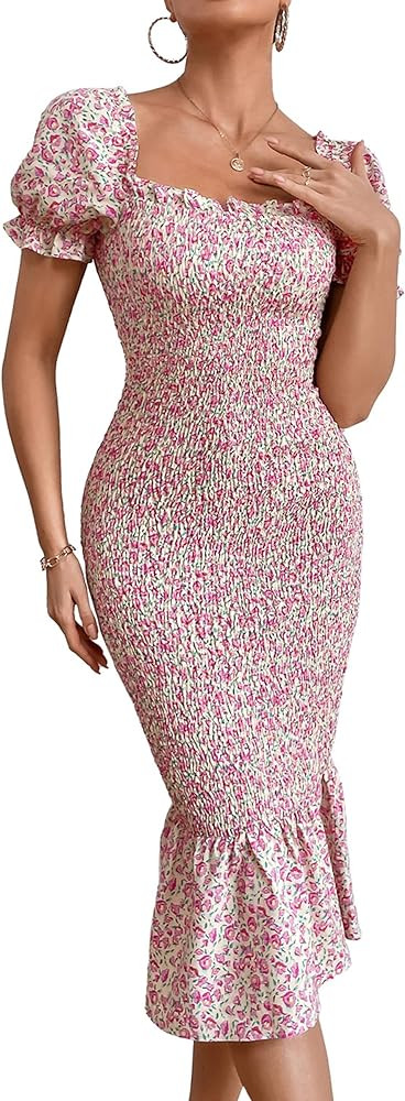 PRETTYGARDEN Women's Summer Floral Midi Bodycon Dresses Short Puff Sleeve Square Neck Ruffle Hem ... | Amazon (US)