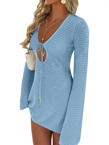 ANRABESS Women’s Crochet Swimsuit Cover Up, V Neck Mesh Knit Beach Dress, Long Sleeve Summer Vacation Beachwear Large | Amazon (US)