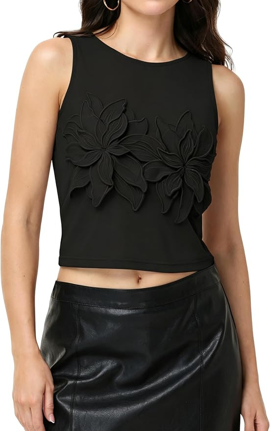 Women's 3D Floral Mesh Tank Tops Sleeveless Summer Crop Top Double Layer Sheer Fitted Going Out T... | Amazon (US)