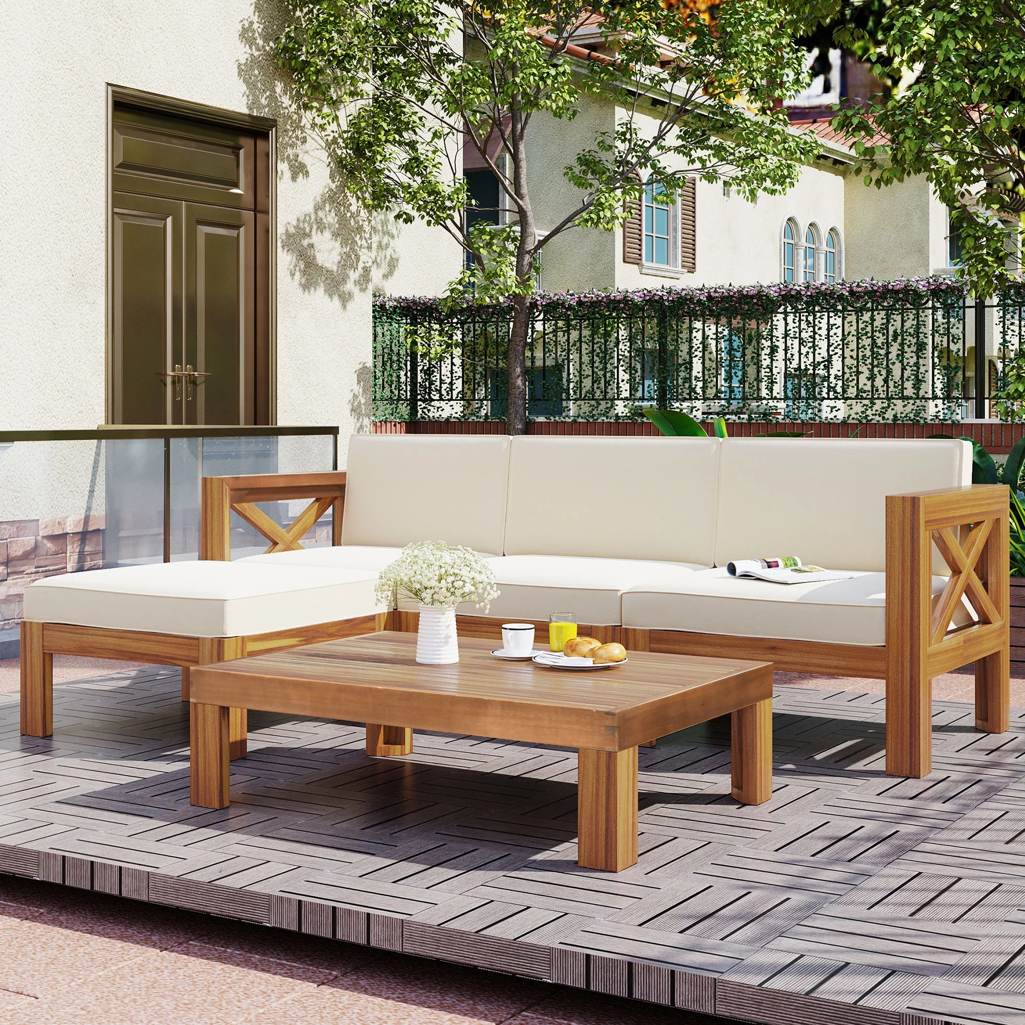 Outdoor Sofa Chairs Set, SYNGAR Patio Wood Furniture Set with Beige Cushions, 5 Piece Conversatio... | Walmart (US)