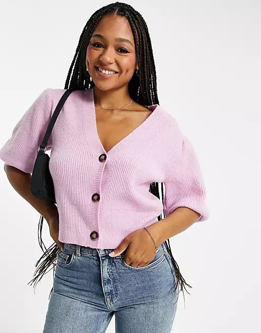 Miss Selfridge puff sleeve cardigan in lilac | ASOS (Global)