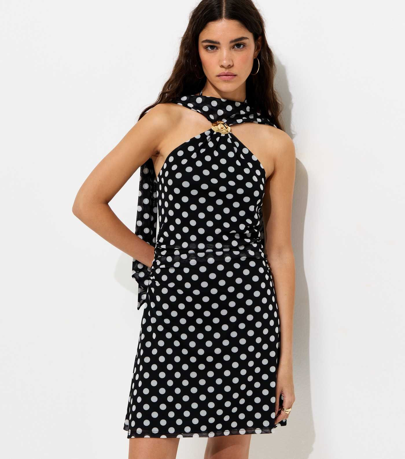 Black Polka Dot Halter Neck Mesh Mini Dress | New Look | New Look (UK)
