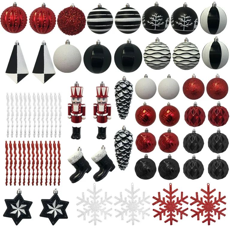 Holiday Time Christmas Ornament Set, Red, Black and White, 70 Count - Walmart.com | Walmart (US)