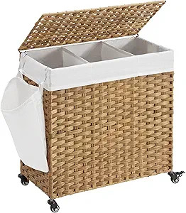 SONGMICS Laundry Hamper with Wheels & Removable Liner Bag, 3-Section Handwoven Synthetic Rattan L... | Amazon (US)