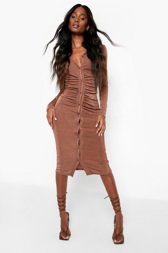 Textured Slinky Ruched Midi Shirt Dress | Boohoo.com (US & CA)