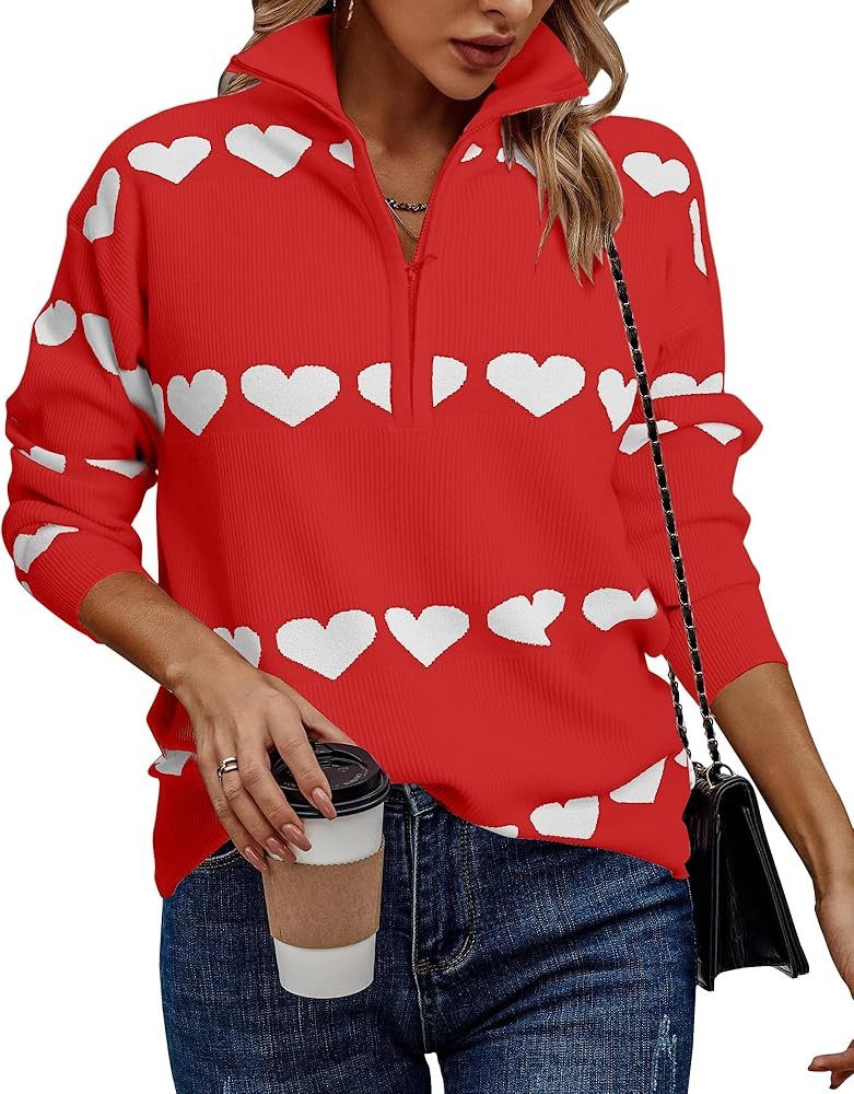 Heart Sweater for Women V Neck Valentines Sweatshirt Quarter Zip Pullover Ribbed Knitted Sweaters... | Amazon (US)