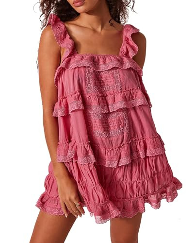 Gacaky Women's Summer Casual Sleeveless Rompers Ruffle Flowy Boho Sun Dress Loose Mini Dress with... | Amazon (US)