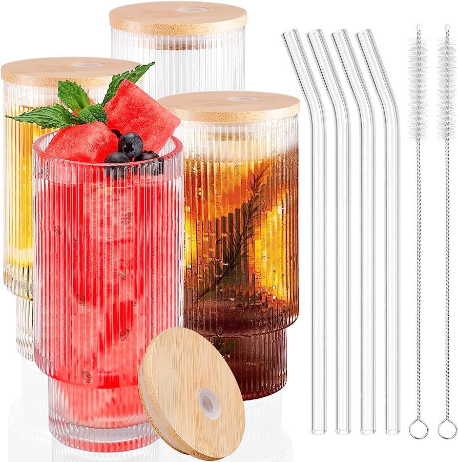 AKONEGE Ribbed Glassware Drinking Glasses with Lid and Straws, 12oz Ribbed Glass Cups Vintage Flu... | Amazon (US)