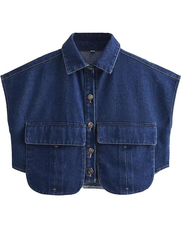 Perbai Womens Cropped Button Down Shirt Summer Collared Sleeveless Loose Denim Top with Pockets | Amazon (US)