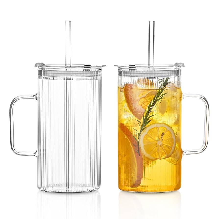 26oz Large Ribbed Glass Tumbler with Handle and Lid - Set of 2, Clear Glass Cups with Reusable St... | Amazon (US)