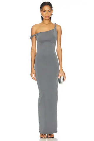 Good American Twist Shoulder Maxi Dress in Carbon from Revolve.com | Revolve Clothing (Global)