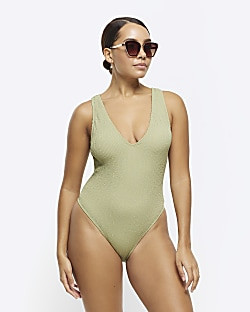 Khaki crinkle plunge swimsuit | River Island (UK & IE)