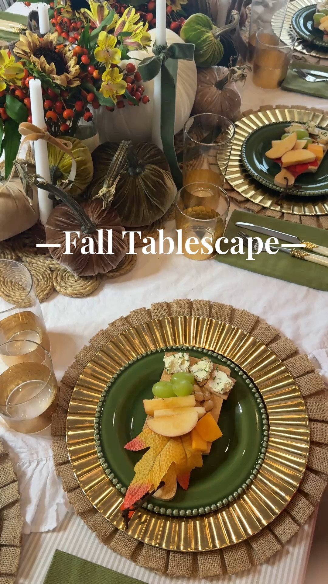 Fall 🍂tablescape 

Beautiful Velvet pumpkins with real steams  by 
@hotskwash 

I couldn’t wait to share this whole Tablescape with you🍂

Perfect for Fall entertaining & Thanksgiving 

-Handmade velvet pumpkins by @hotskwash with real steams 
So beautiful 🍂🍁🍂🍁

How cute are my mini Charcuterie boards? These would be cute for serving little desserts too😉

I created floral arrangements with flowers in the same shades as the pumpkins:) I hope you love them as much as I enjoyed creating them 😉🍂

Places settings:
-Gold charges , 
-green plates from Portugal, -Linen napkins, -pearl and gold handle silverware, -gold accent glasses✔️


#LTKHome #LTKSeasonal #LTKStyleTip