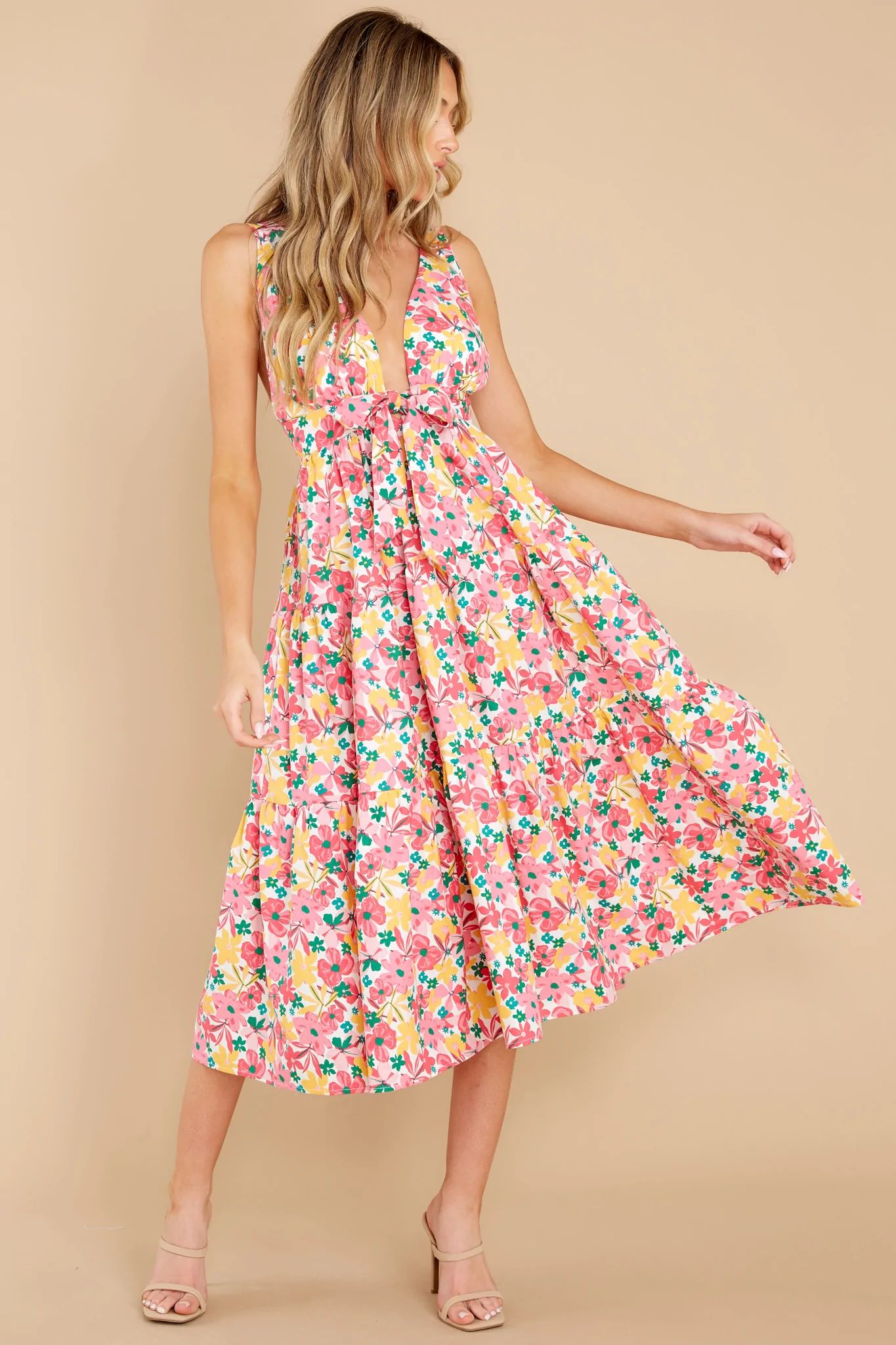 Sweetest Showers Pink Multi Floral Midi Dress | Red Dress 