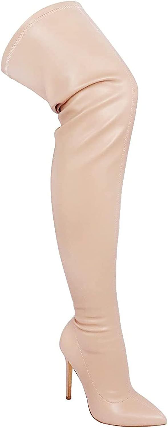 Liliana DB54 Women Pointy Toe Thigh High Single Sole Stiletto Boot | Amazon (US)