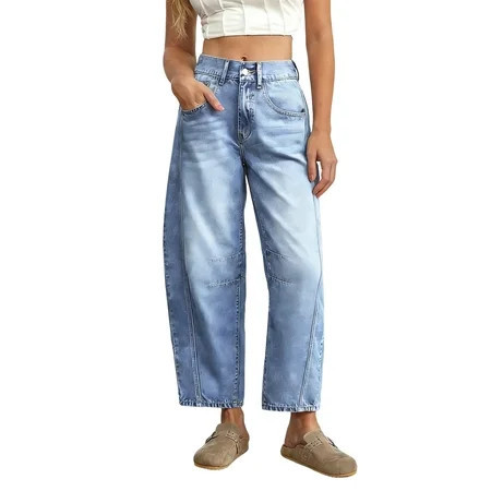 Back to School Barrel Jeans for Women High Waist Soft Washed Denim Relaxed Cropped Balloon Jeans | Walmart (US)